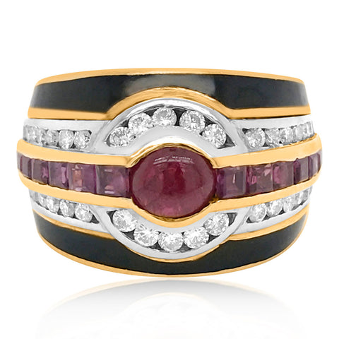 Bvlgari, Ruby Diamond and Onyx 18K Gold Ring - Lueur Jewelry