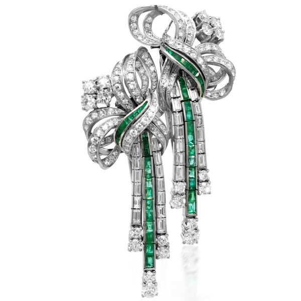 Platinum Emerald Diamond Double-Clip Brooch - Lueur Jewelry