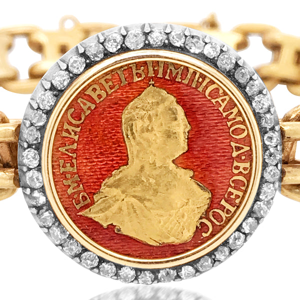 Faberge, Enamel Diamond Gold Coin Bracelet - Lueur Jewelry