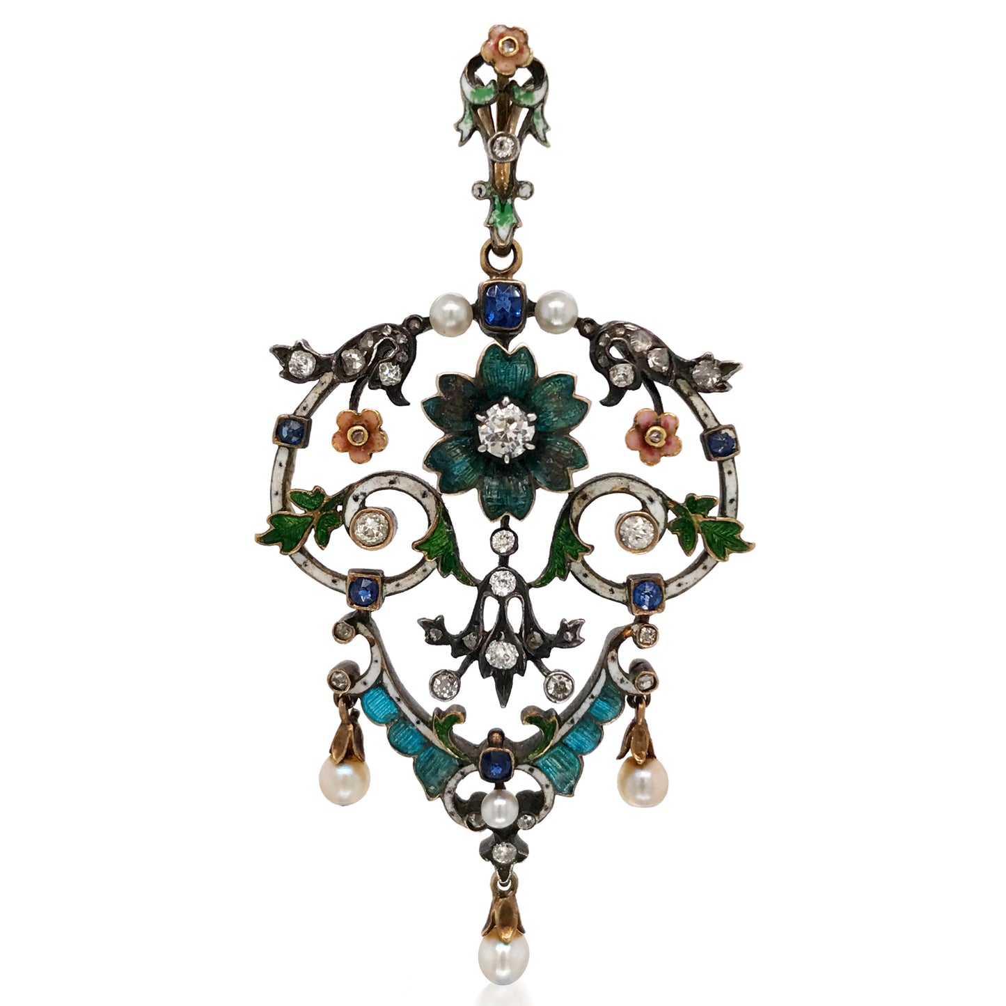 English Pearl Enamel Diamond Pendant - Lueur Jewelry