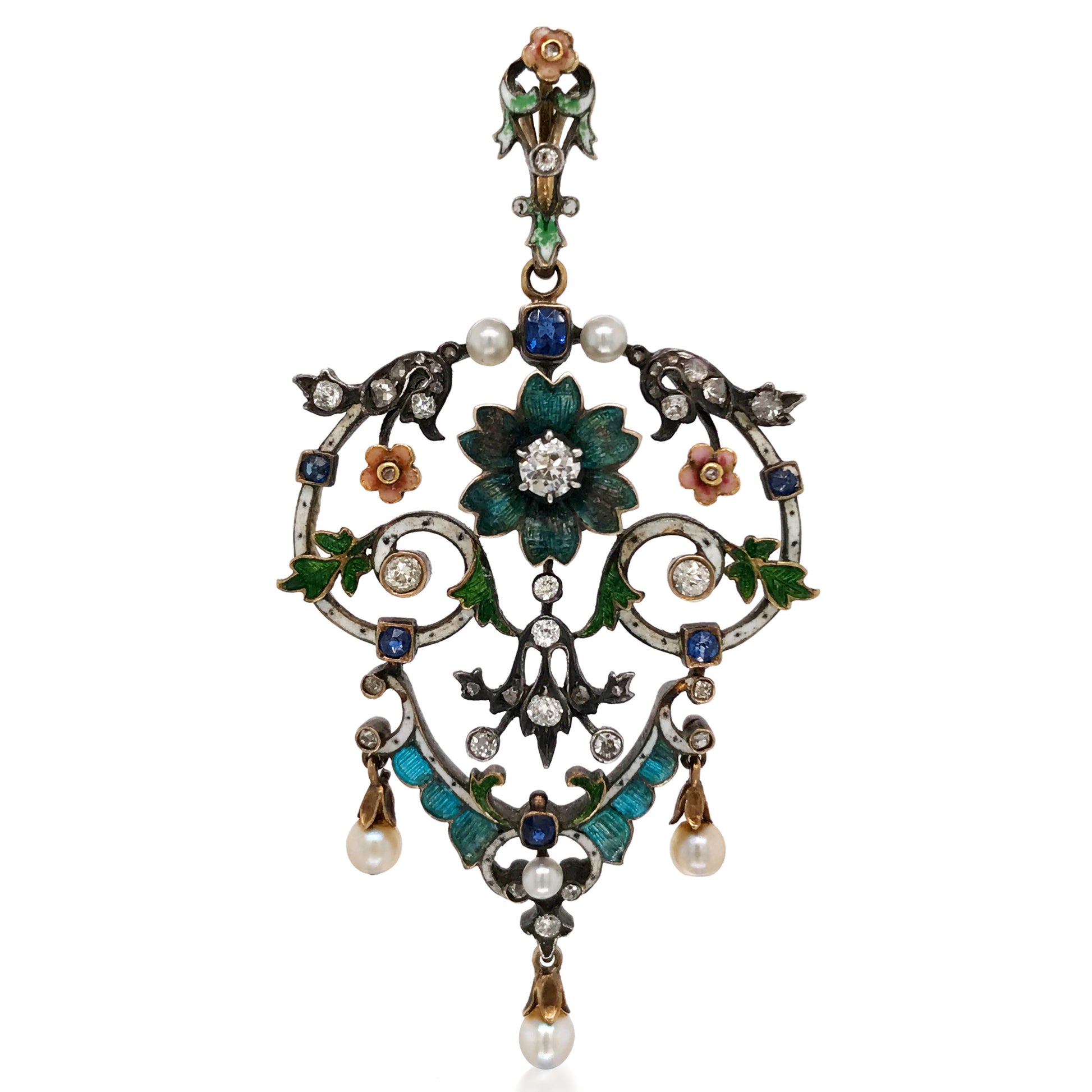 English Pearl Enamel Diamond Pendant - Lueur Jewelry