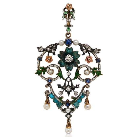 English Pearl Enamel Diamond Pendant - Lueur Jewelry