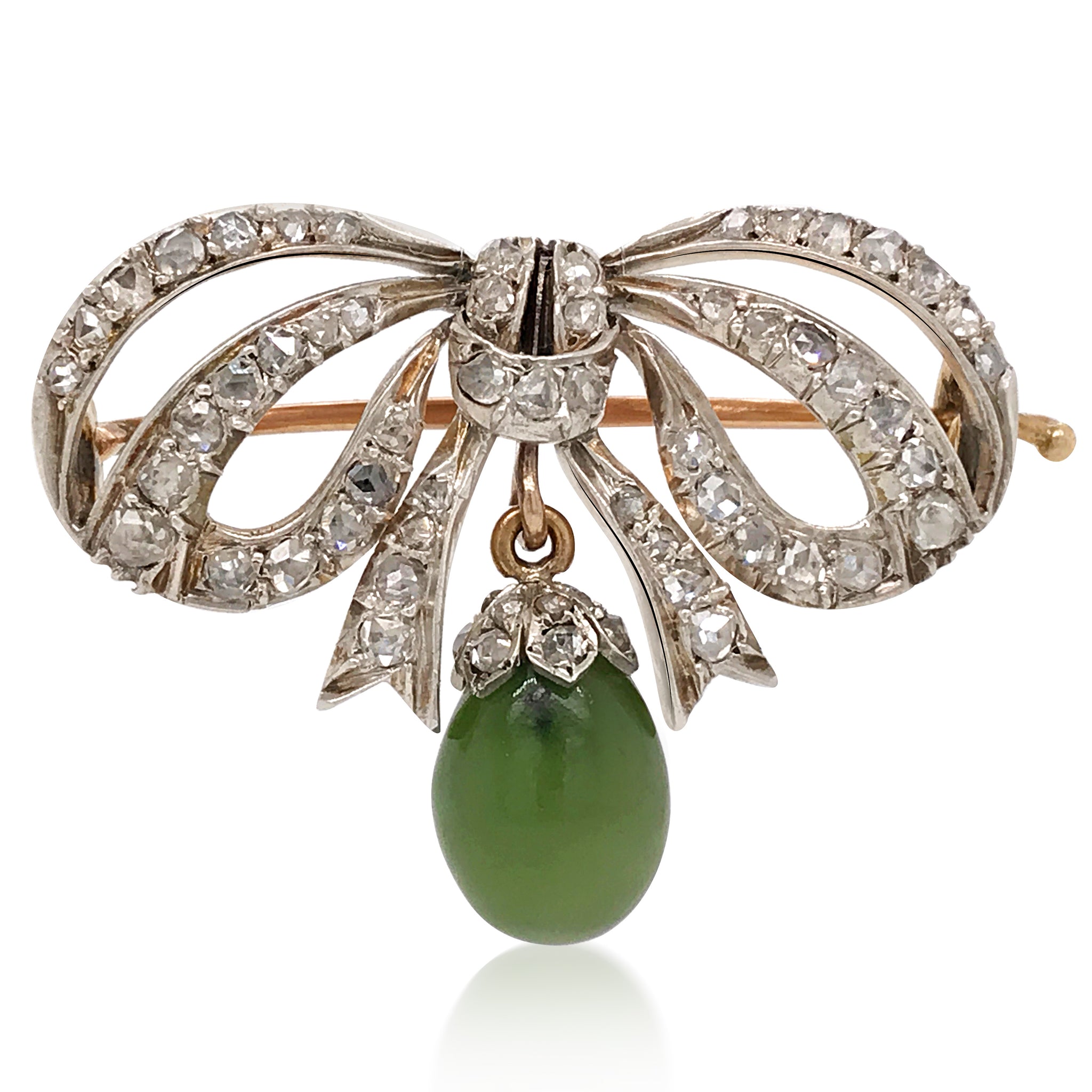 English Diamond Brooch with Jade Droplet - Lueur Jewelry