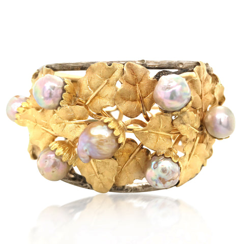 Buccellati, Baroque Pearl Leaf-motif Gold Bangle - Lueur Jewelry