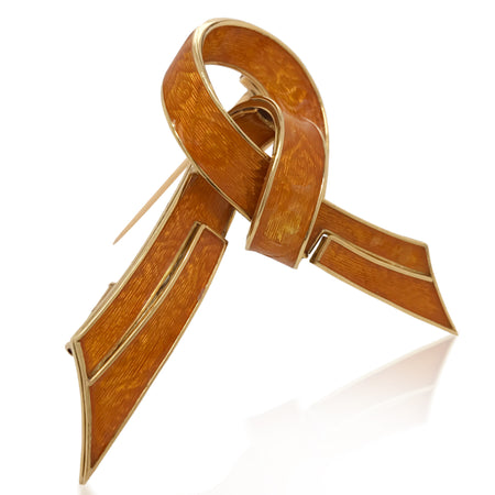 Bvlgari, Gold and Orange Enamel Bow Clip-Brooch - Lueur Jewelry
