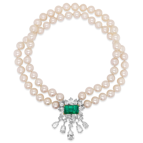 Van Cleef & Arpels, Cultured Pearl Emerald and Diamond Necklace - Lueur Jewelry