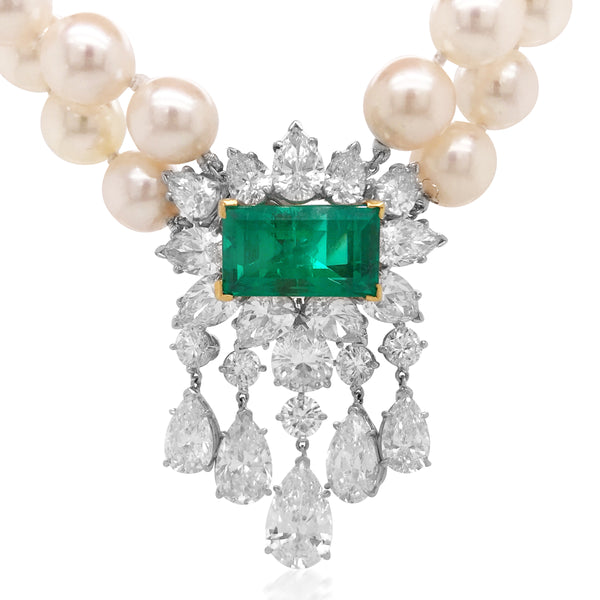 Van Cleef & Arpels, Cultured Pearl Emerald and Diamond Necklace - Lueur Jewelry