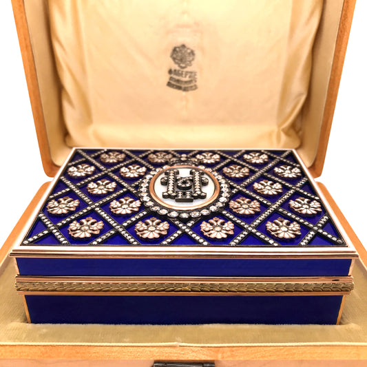 Faberge, Gold Diamond Cigarette Case with Blue Guilloche - Lueur Jewelry