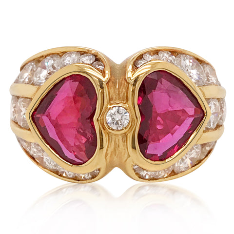 Bvlgari, Two Heart-shaped Ruby Diamond Ring - Lueur Jewelry