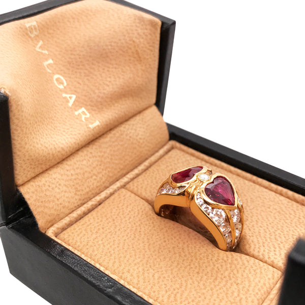 Bvlgari, Two Heart-shaped Ruby Diamond Ring - Lueur Jewelry