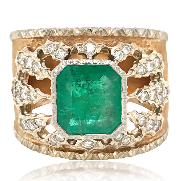 Mario Buccellati, Emerald Diamond Gold Band Ring - Lueur Jewelry