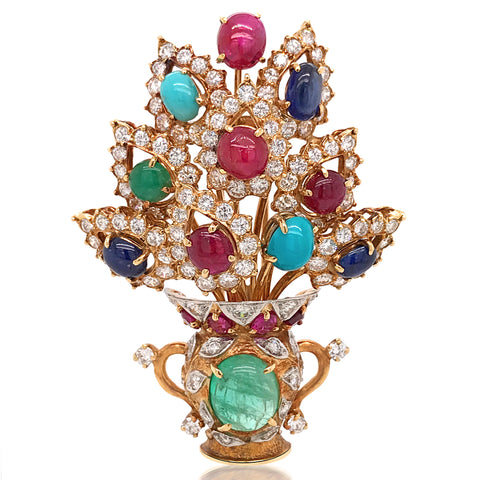 Bvlgari, Sapphire Ruby Emerald and Diamond Gold Flower Vase Brooch - Lueur Jewelry