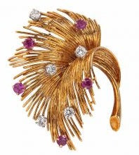 Tiffany, 18K Gold Ruby Diamond Brooch - Lueur Jewelry