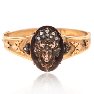 Gold Bangle with Carved Goddess - Lueur Jewelry