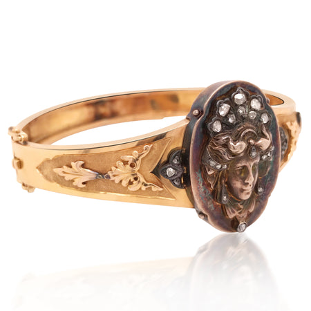 Gold Bangle with Carved Goddess - Lueur Jewelry