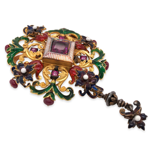 Antique Multigem Enamel Pendant Brooch - Lueur Jewelry