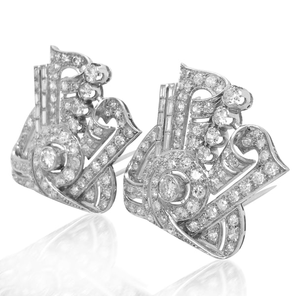 Pair of Diamond Clip Brooches - Lueur Jewelry