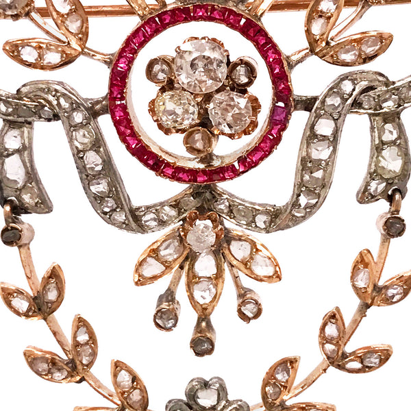 Yellow Gold Diamond Ruby Pendant Brooch - Lueur Jewelry