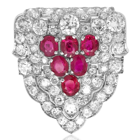 Cartier, Platinum Diamond Ruby Clip Brooch - Lueur Jewelry