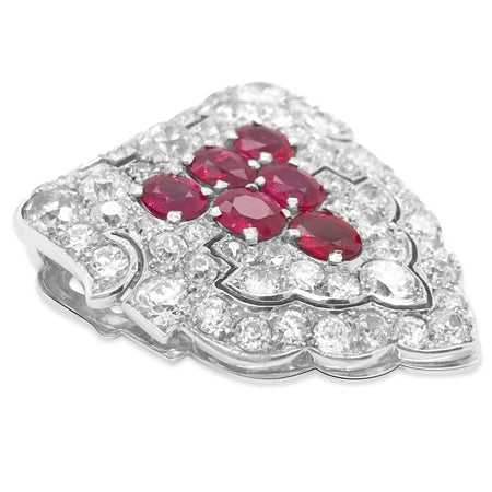 Cartier, Platinum Diamond Ruby Clip Brooch - Lueur Jewelry