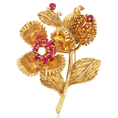 Tiffany, 18K Gold Ruby Diamond Chestnut Brooch - Lueur Jewelry