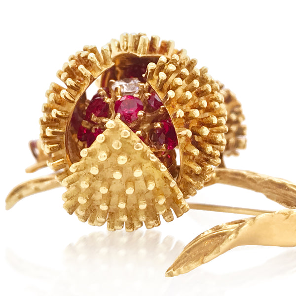 Tiffany, 18K Gold Ruby Diamond Chestnut Brooch - Lueur Jewelry