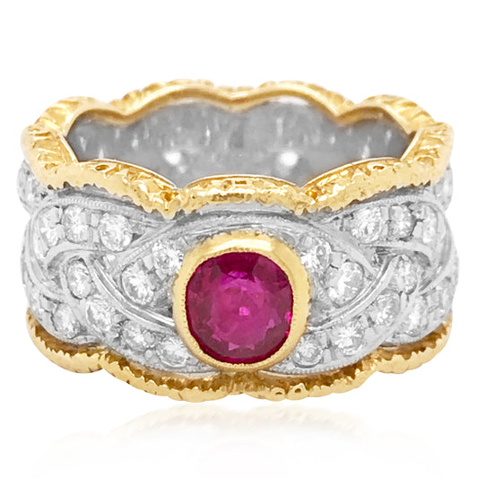 Buccellati, Platinum Gold Diamond Ring with Ruby - Lueur Jewelry