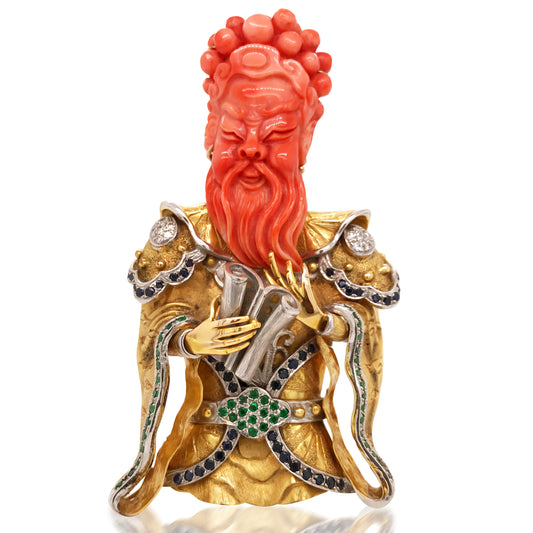 Asian God Coral Diamond Sapphire Emerald Gold Brooch - Lueur Jewelry