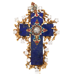 Lapis Lazuli Gold Enamel Cross Brooch - Lueur Jewelry