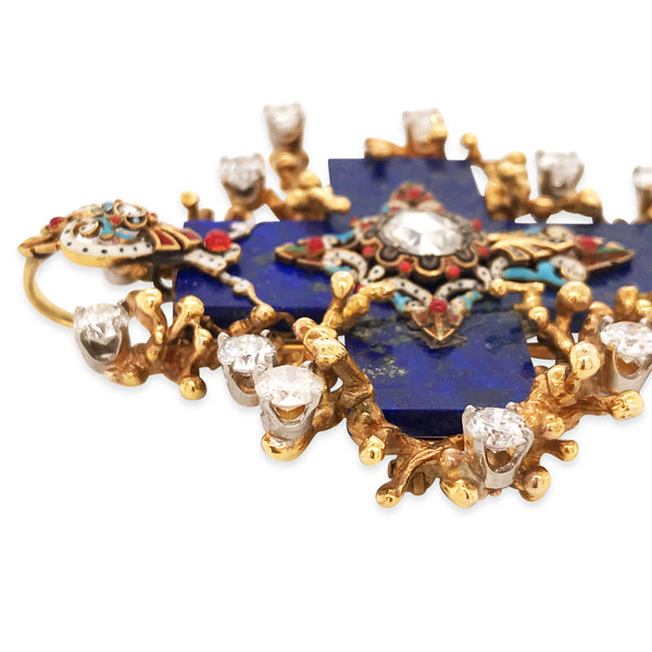 Lapis Lazuli Gold Enamel Cross Brooch - Lueur Jewelry