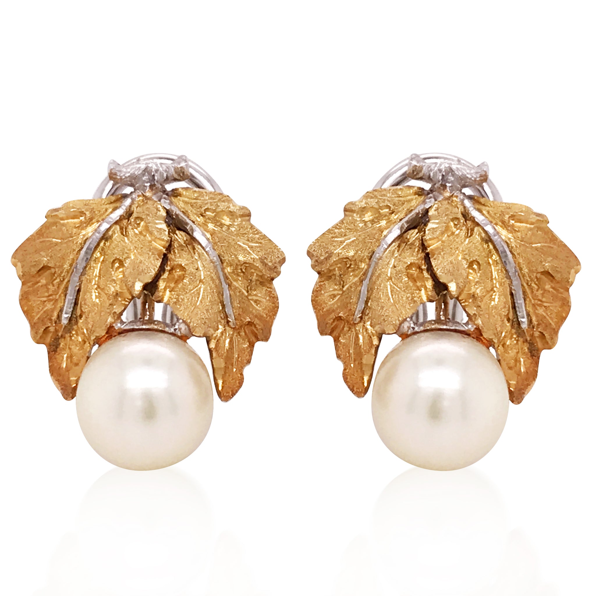 Buccellati, Bicolor Gold Pearl Leaf Earrings