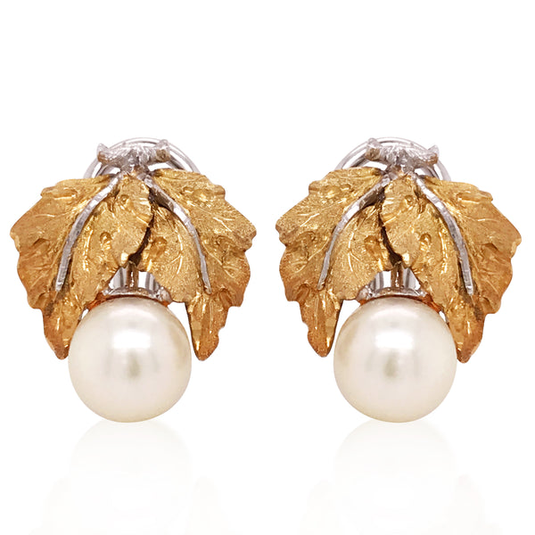 Buccellati, Bicolor Gold Pearl Leaf Earrings