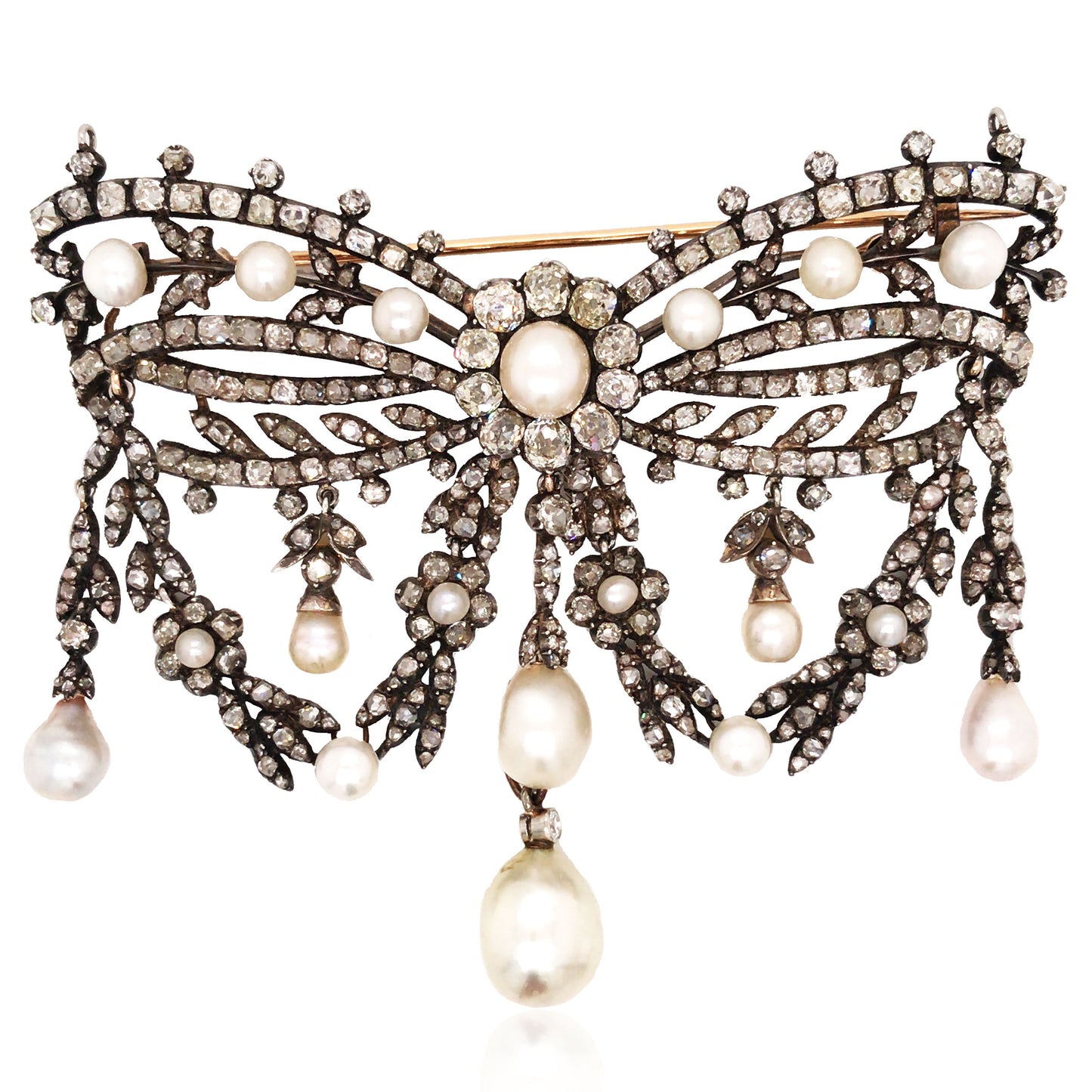 Silver-top 18K Gold Diamond Natural Pearl Brooch, GIA