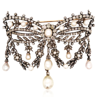 Silver-top 18K Gold Diamond Natural Pearl Brooch, GIA