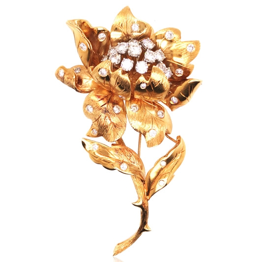 18K Gold Diamond Flower Brooch