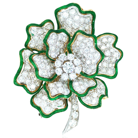 18K Gold Enamel Diamond Flower Brooch