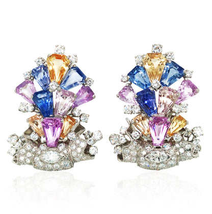 Oscar Heyman, Platinum Multi-color Sapphire Diamond Earrings, Certificate