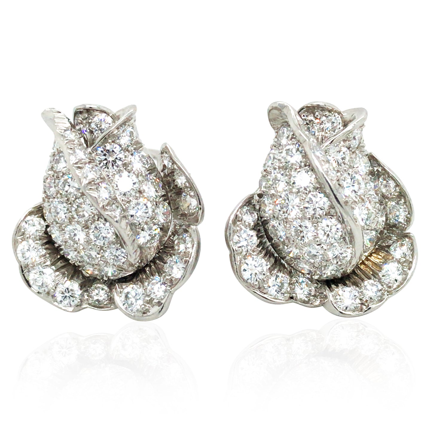 Oscar Heyman, Platinum 18K Gold Diamond Flower Earrings, Certificate
